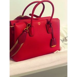MCM Milla Medium Red Leather Satchel
